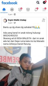 Postingan Espin di akun facebooknya terkait ditemukannya adik Zefanya di Desa Binjeita