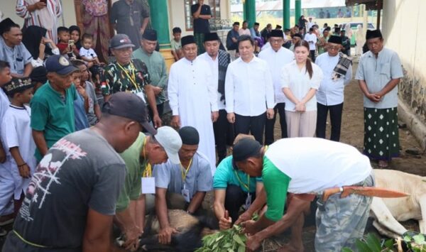 Bupati Bolmong, Yusra Alhabsyi didampingi Wakil Bupati, Dony Lumenta, saat menyaksikan langsung proses penyembelihan hewan qurban di momen Idul Adha, di Desa Babo, Sangtombolang, 27 Mei 2026. (foto.Ist/Diskominfo Bolmong)